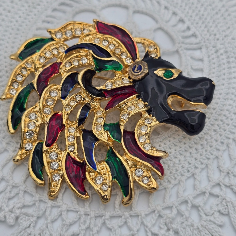 Vintage Rhinestone Enamel Lions Head Brooch Statement Pin Gold Tone